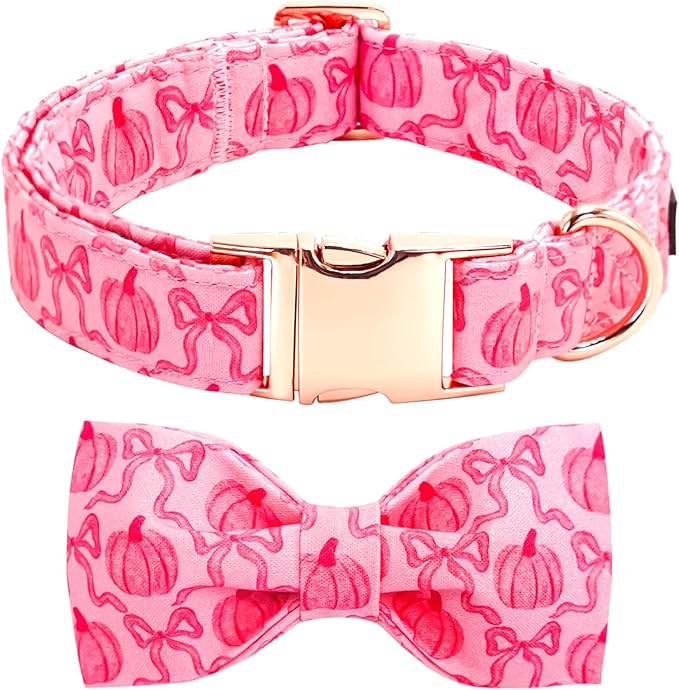 Dog Collar, Pink Pumpkin Print Adjustable Pet Collar Cute Cotton Soft Collars with Bow Tie Fall Metal Buckle Holiday Puppy Collars Boy&Girl Gift for X-Large Dogs