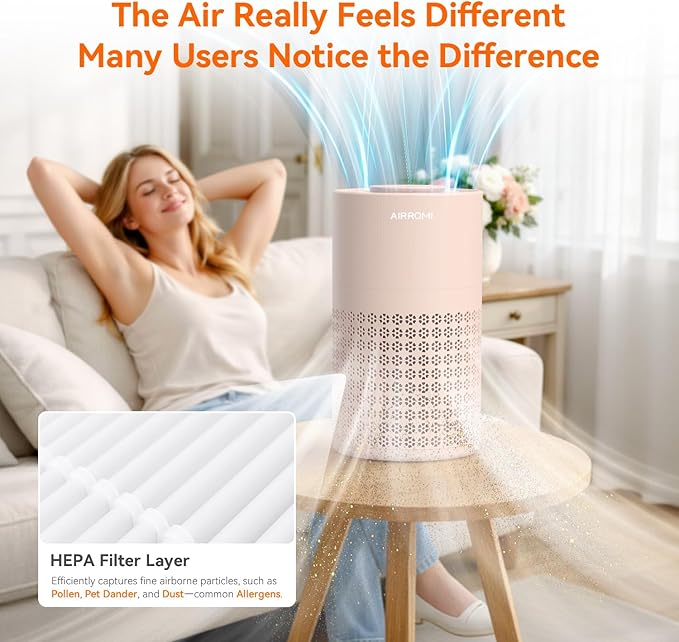 AIRROMI Air Purifier for Bedroom with HEPA 3-in-1 Filter, Pet Air Purifier for Home Cat Pee Smell, Covers Upto 990 Ft², Quiet 360°intake Air Cleaner for pet hair,allergies,Dust,Smoke A2001 Orange