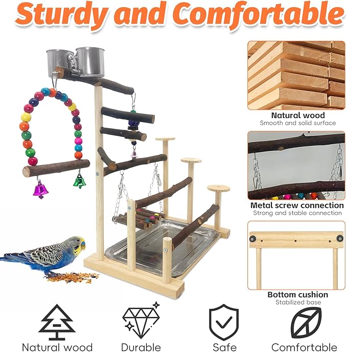 Kathson Wood Bird Playground Parrot Play Stand with Feeder Cups Parakeet Perch Stand with Ladder Hanging Swing Chewing Toys Conure Cage Accessories for Parakeet Conure Lovebird Cockatiel (Fruit Wood)