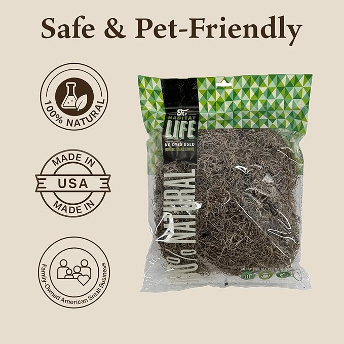 The Habitat Life - Natural Spanish Moss - for Reptiles, Amphibians & Invertebrates Terrariums - Humidity Control - Breathable Bedding - Dye-Free & Safe - Medium - 1 Pack
