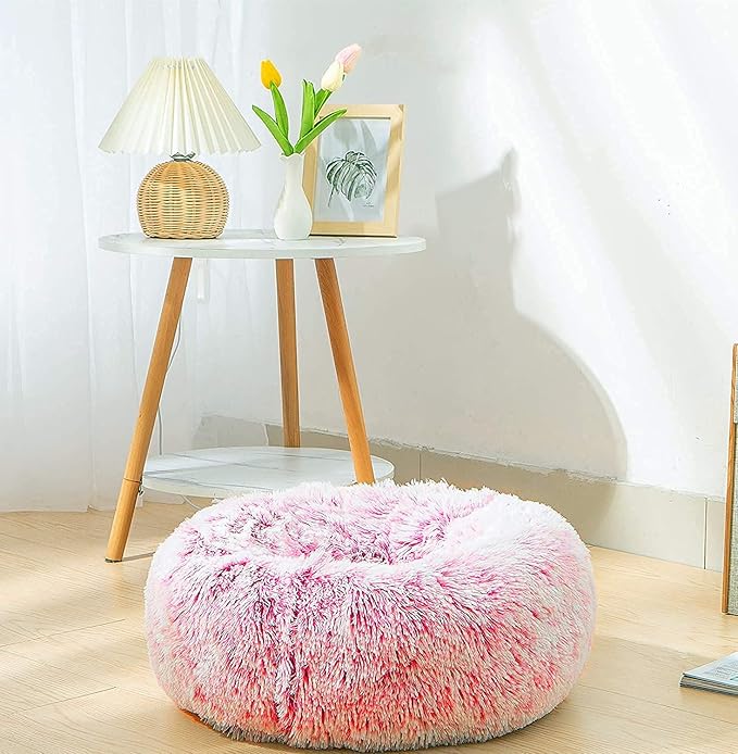 Calming Dog Bed X-Large, Soft Round Cuddler Dog Beds Fluffy Plush Faux Fur Pet Beds, Anit-Anxiety Self-Warming Comfy (32", Dark Pink)