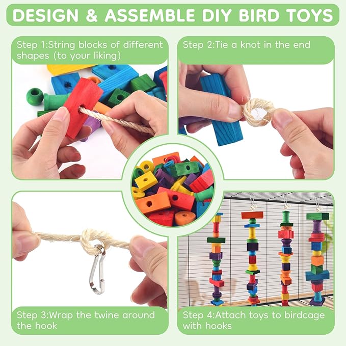Bird Toys for Parrots, 200 Pcs Colorful Multi-Shaped DIY Wooden Blocks Craft, Natural Parrot Chew Training Foot Toy for Amazon African Grey Cockatiels Conure Monk Parakeet