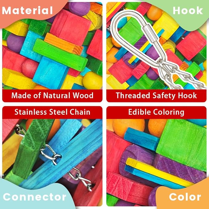 Extra Large Bird Toys for Macaws, Cockatoos - 21.6'' Heavy Duty Natural Parrot Toys for Chewing Foraging with SS Chain & Edible Colors for Medium to Large Parrots, African Grey, Cockatiel, Parakeet