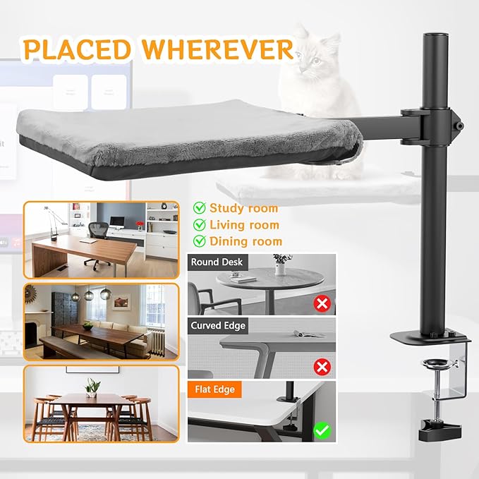 Cat Desk Bed - Steel Frame,180° Rotating & Adjustable Height, Removable Washable Soft Fabric Cat Perch for Office Desks and Game Tables, Supports 25 lbs