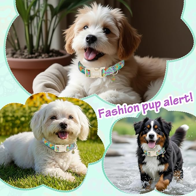 Easter Dog Collar for Medium Dogs, Adjustable Green Medium Dog Collar with Colorful Eggs Pattern, Cute Easter Dog Collars Girl Boy Collar for Dogs -M