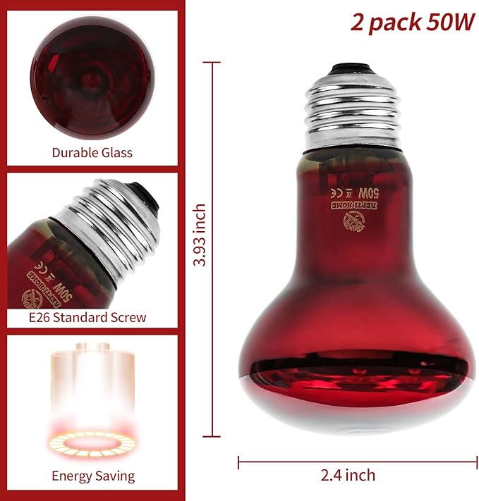 Infrared Reptile Heat Lamp Bulbs,2 PCS 50W Reptiles & Amphibians Infrared Basking Spot Lamp Bulb, Red Heat Emitter Light for Chickens Coop