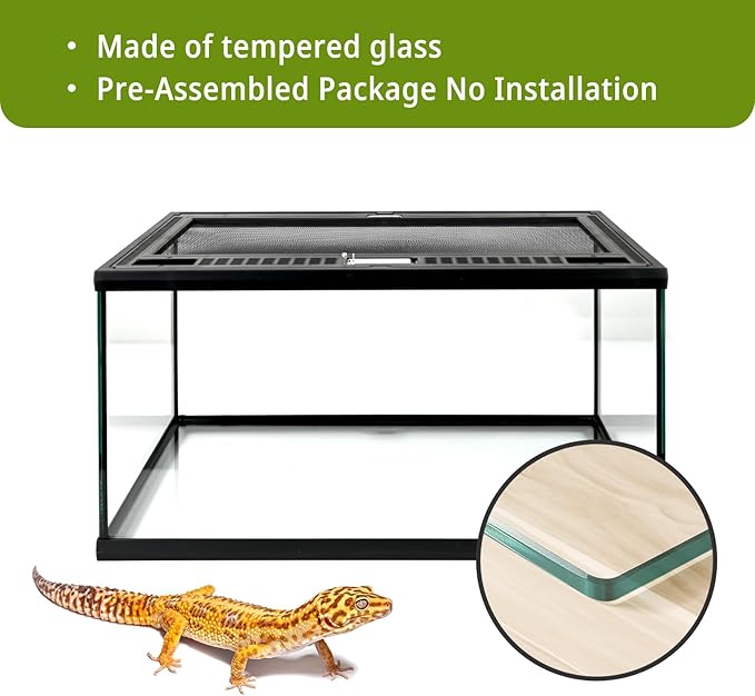 Reptile Glass Tank 20"*12"*10" Pre-Assembled Terrarium for Turtle,Hermit Crab,Bearded Dragon,Gecko,Lizard,Snake,Spider,Fish,Tarantula Enclosure with Top Screen Ventilation and Openning Door