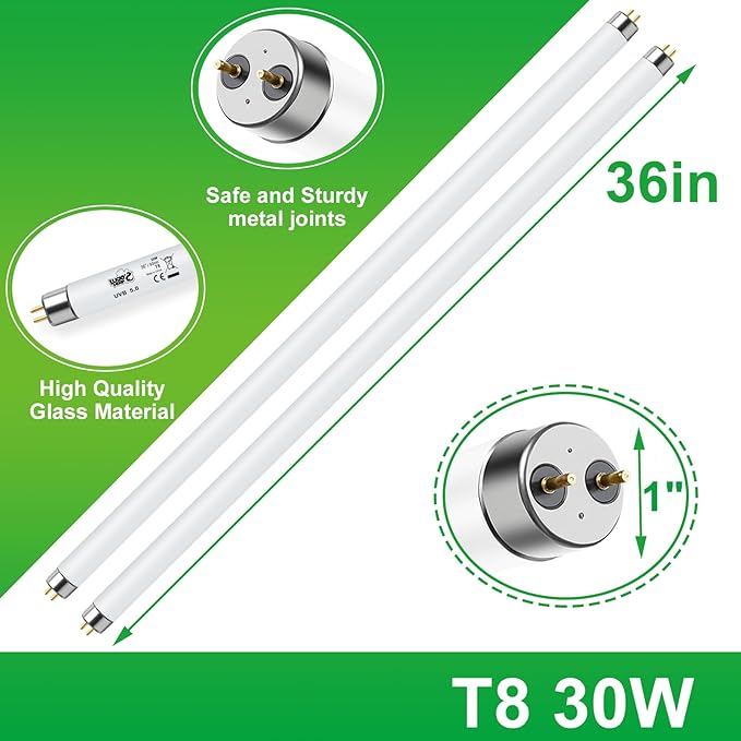 LUCKY HERP T8 30W UVB 5.0 Reptile Light, UVA UVB Reptile Light Bulb 2 Pack, Fluorescent Lamp for Reptiles Amphibians Lizards Chameleons