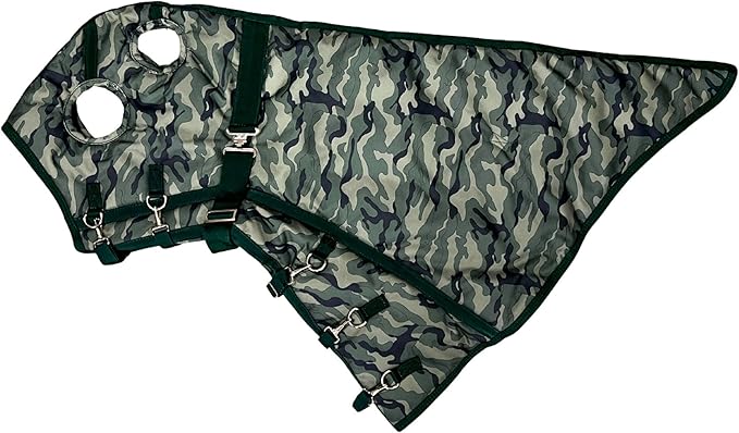 AJ Tack 1200D Waterproof Winter Horse Blanket with Hood - 400g Heavyweight Turnout with Fleece Collar, Shoulder Gussets & Tail Flap - Camouflage 82"