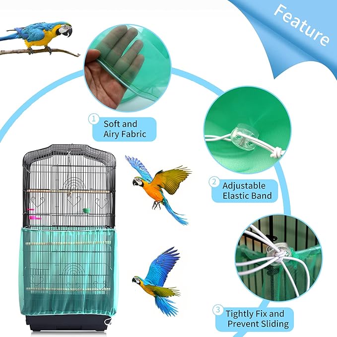 Daoeny Universal Bird Cage Cover, Adjustable Seed Feather Catcher, Soft Airy Nylon Mesh Parrot Net, Birdcage Cover Skirt Sheer Guard for Round Square Cages (Green)