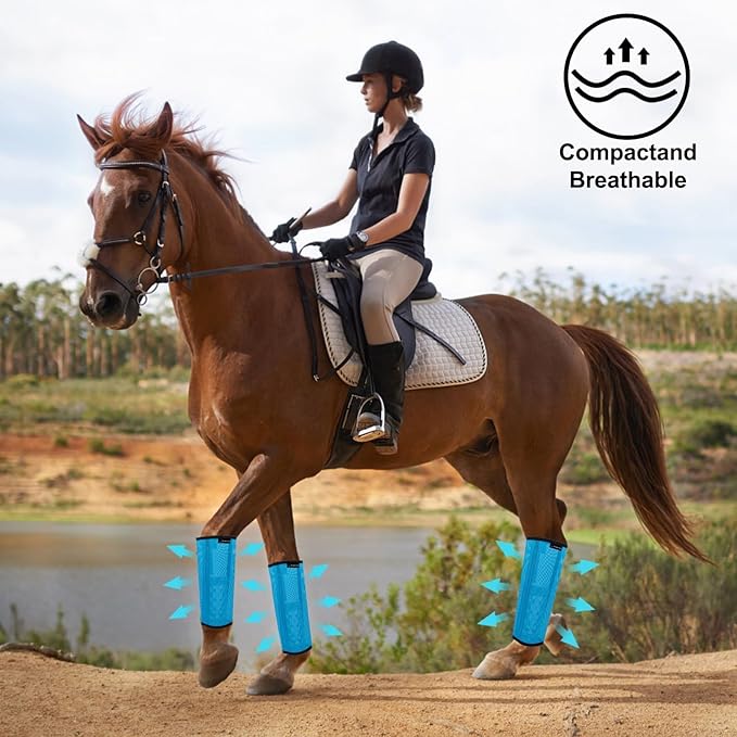 FOXLVDA Horse Fly Boots - Fly Boots for Horses Set of 4, Comfortable Horse Leggings, Mesh Material Design with Metal Support Bars for Reduces Stomping & Leg Fatigue (Blue, Medium)