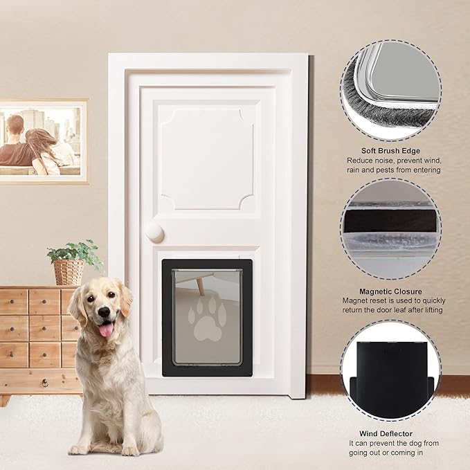 CEESC Dog Door for Pets Up to 45 lb, Weatherproof Pet Door for Cats and Dogs, Durable, Snap-in Closing Panel Included, Suitable for Interior and Exterior Doors(Medium Black)