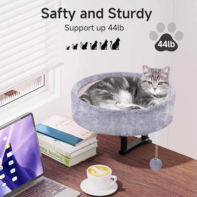 Cat Desk Bed - 360° Rotating & Adjustable, Supports 44 lbs, Soft Faux Fur with Dual-Sided Reversible Mat, Modern Indoor Cat Nest Furniture for Office Desks and Game Tables, Island Table