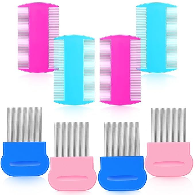 Maitys 8 Pieces Flea Lice Combs Double Sided Lice and Nit Removal Hair Grooming Plastic and Metal Comb for Humans Pets(3.5 x 2 Inch, 3.54 x 1.57 Inch,Pink, Blue)