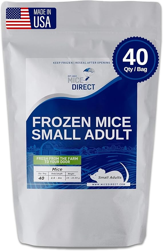 MiceDirect EST. 2003 40 Frozen Mice Small Adult Feeders Snake Food for Juvenile Red Tail Boas Ball Pythons Adult Sand Boas Milks Corn (2.5-3 in) (760 Grams Min)