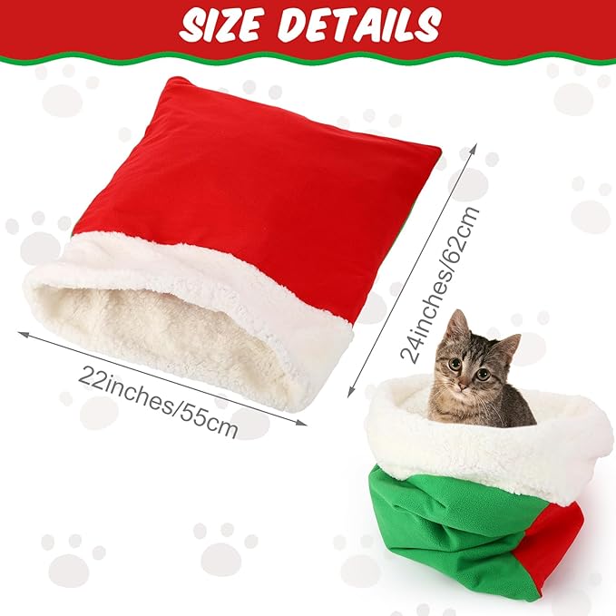 Self Heating Cat Sleeping Bag Indoor Self Warming Cat Bed Cave Heated Pad Cozy Soft Winter Washable Wrap Pet Snuggle Sack Pouch for Puppy Dog Kitten, 24 x 21 Inch (Festive,Red and Green)