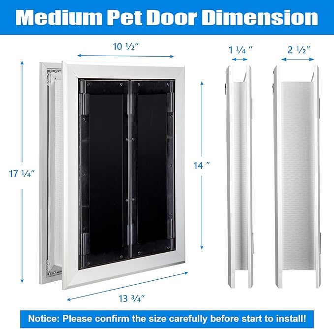 Aluminum Pet Door with Panels,Durable Dog Door with Automatic Closing Magnetic Flaps, Slide-in Panel & 4 Security Locks, Ideal for Interior and Exterior Doors, Screen and Wall, Medium, Sliver