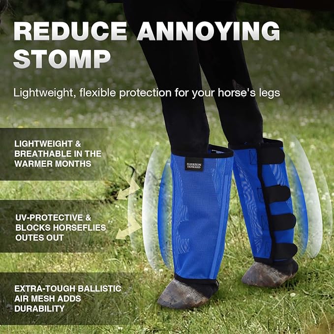 Harrison Howard Loose-Fitting Horse Fly Leggings Breathable, Tear-Resistant Fine Mesh Leg Guards Stay-on Comfortable Fly Boots (Set of 4) Blue Large