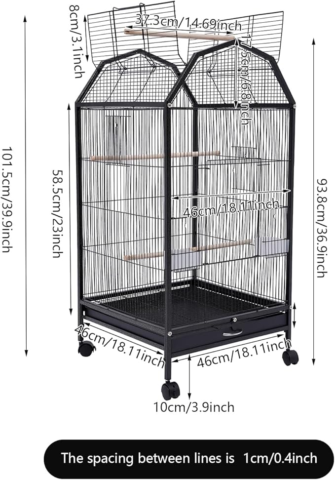 Black Wrought Bird Cage with Open-Top and Rolling Stands, 40-Inch Iron Large Bird Cage, 5 Doors Pet Birds Flight Birdcages for Mid-Sized and Small-Sized Birds