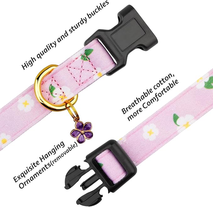 Cotton Handmade Dog Collar Cute and Distinctive Patterns Purple Flower with Pendant for Girl Boy Dogs Collars S