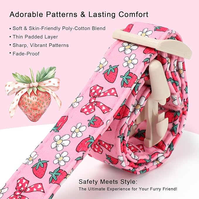Strawberry Bow Dog Collar for Medium Dogs - Cute Pink Spring/Summer Girl Dog Collars, Lightweight Adjustable Female Girly Dogs Collars with Quick Release Buckle M