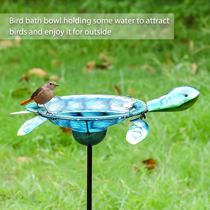 MUMTOP Outdoor Bird Bath Solar Birdbath Small Birdfeeder with Turtle Metal Stake for Garden Yard Outside Decor