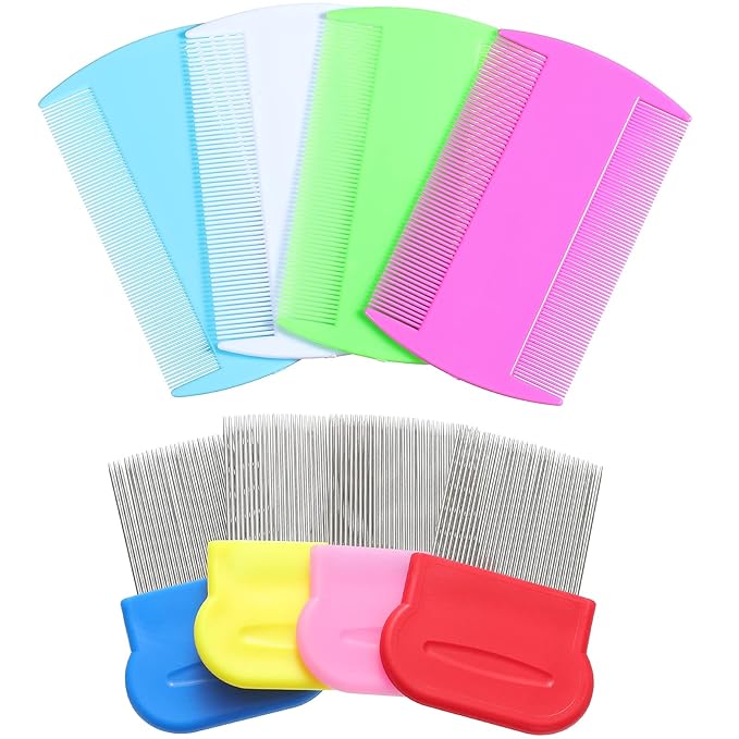 Maitys 8 Pieces Flea Lice Combs Double Sided Lice and Nit Removal Hair Grooming Plastic and Metal Comb for Humans Pets(4 x 2 Inch, 2.24 x 2.24 Inch,Pink, Light Blue, Blue, White, Green, Red, Yellow)