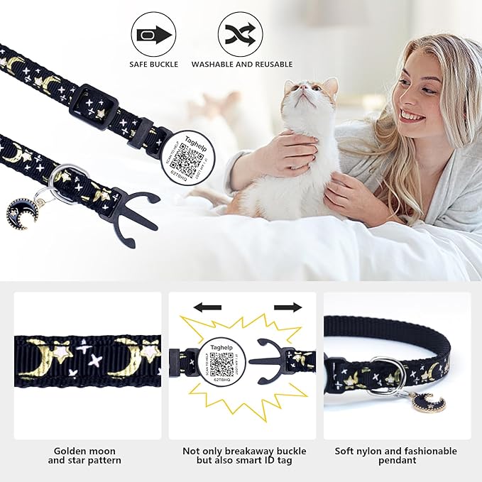 Upgraded Smart Cat Collar: Real-Time Scan Alerts & Shareable Pet Profile, Breakaway Safety Collar with QR Code ID Tag - Stars & Moon Design, No Monthly Fee (Black)