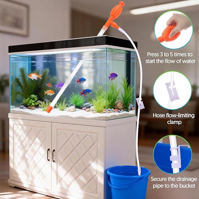 Fish Tank Cleaner Gravel Vacuum for Aquarium Water Changer Aquarium Siphon with Double Sided Sponge Brush Algae Scraper Fish Tank Cleaning Kit for Cleaning Gravel & Sand (Orange)