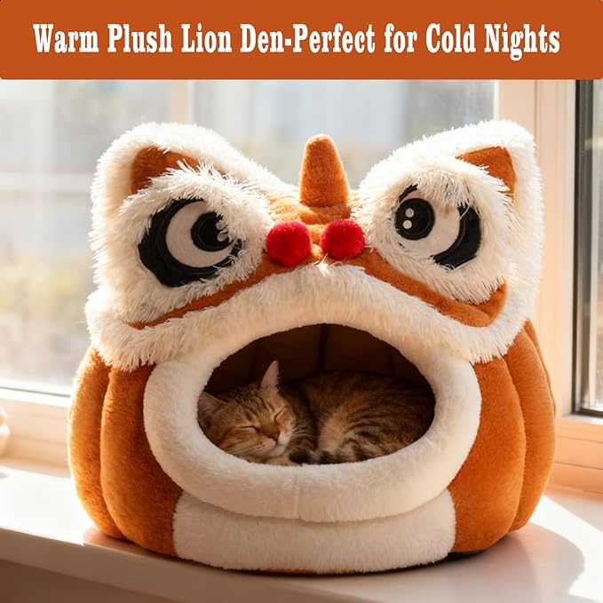 Cute Lion Head Pet Beds for Cats, Removable and Washable Winter Closed-Off Cat Bed, Soft Cozy Plush Cat House & Dog Cave with Cushion for Small Medium Cats Dogs, Semi-Enclosed Warm Nest (Brown, M)