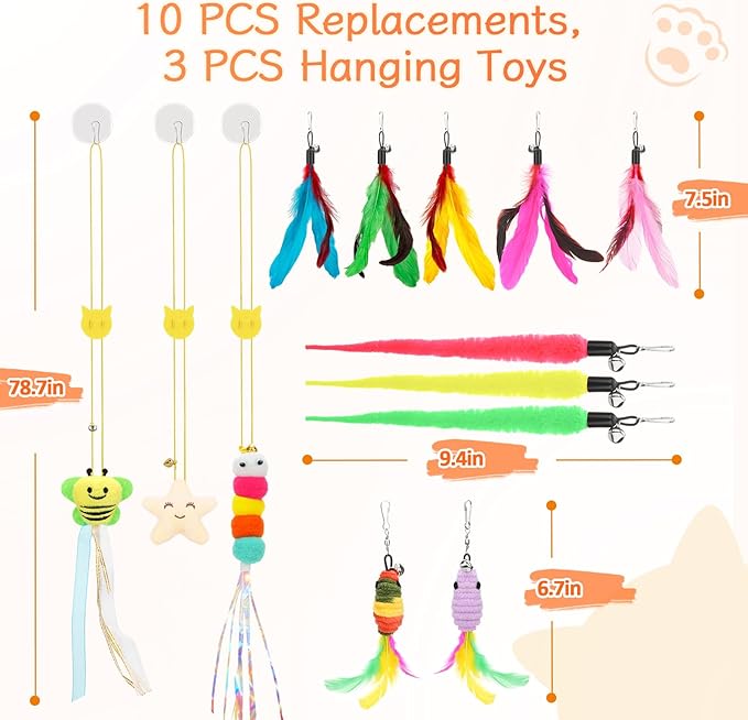 Interactive Cat Toys, 15PCS Cat Wand and Feather Toys for Indoor Cats, Reusable Suction Cup Toys for Kittens Play Exercise (Suction Model)