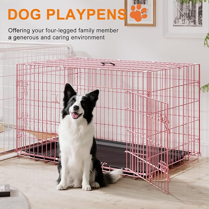 FDW Large Dog Crate 42inch Dog Cage Foldable Metal Kennel with Leakproof Tray Foldable Design Indoor Outdoor Use for Large Dogs,Pink