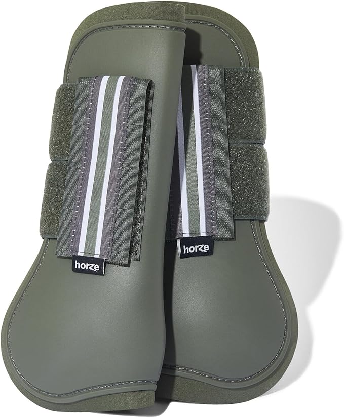HORZE Adepto Open Front Tendon Boots | Durable Shell with Neoprene Lining - Beetle Khaki Green - Horse