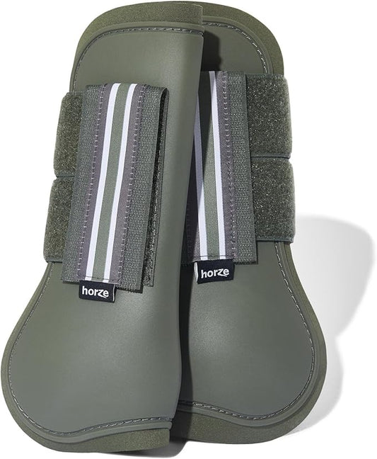 HORZE Adepto Open Front Tendon Boots | Durable Shell with Neoprene Lining - Beetle Khaki Green - Warmblood