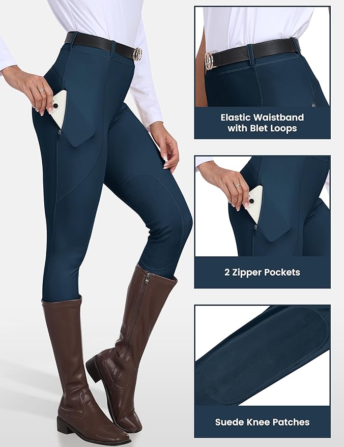 MoFiz Women's Horse Riding Pants Full Seat Silicon Knee-Patch Equestrian Breeches Horseback Schooling Tights Zipper Pockets