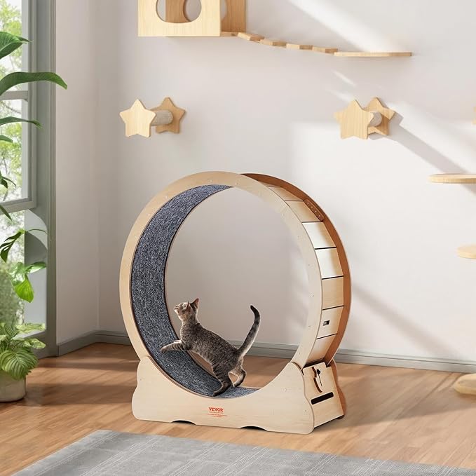 VEVOR Wooden Cat Exercise Wheel, 43.3" Large Cat Treadmill Wheel for Indoor Cats, Cat Running Wheel with Detachable Carpet & Cat Teaser for Running/Walking/Training, Suitable for Most Cats Yellow