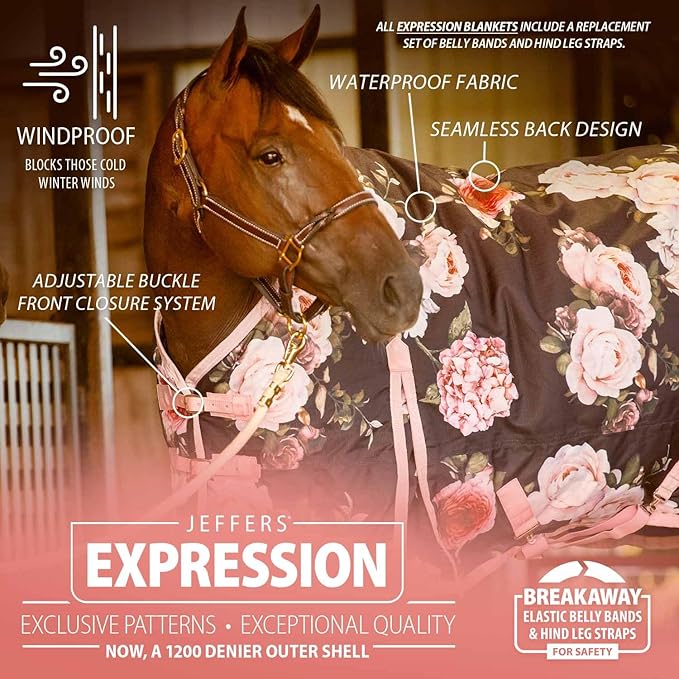 Jeffers Expression 1200 Denier Standard Neck Turnout Blanket, Rose Garden, 75" - Waterproof, Breathable Horse Blanket with 0g Polyfill, No insulation - Ideal Protection for Wind and Rain, Light Weight