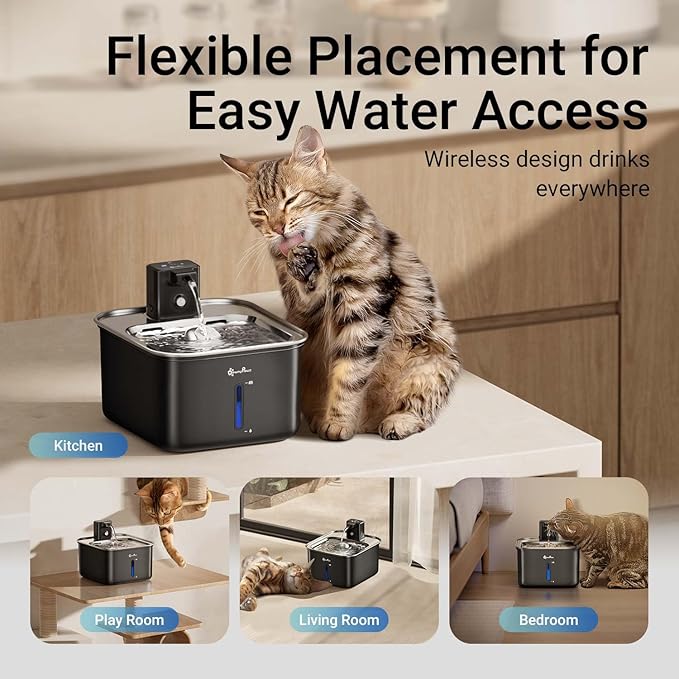 DownyPaws Cat Water Fountain Stainless Steel Wireless, 101 oz/3L FurSink Cordless Water Fountain for Cats, Battery Operated Cat Fountains for Drinking with Motion Sensor, Easy Clean, Black