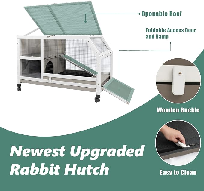Indoor Rabbit Hutch - 36''L Outdoor Wooden Bunny Hutch with Wheels Rabbit Cage Guinea Pig Cages Removable Pull Out Tray, Ramp, Hideout, Small Animals Pet House Hamster Ferret for Bunny Cage