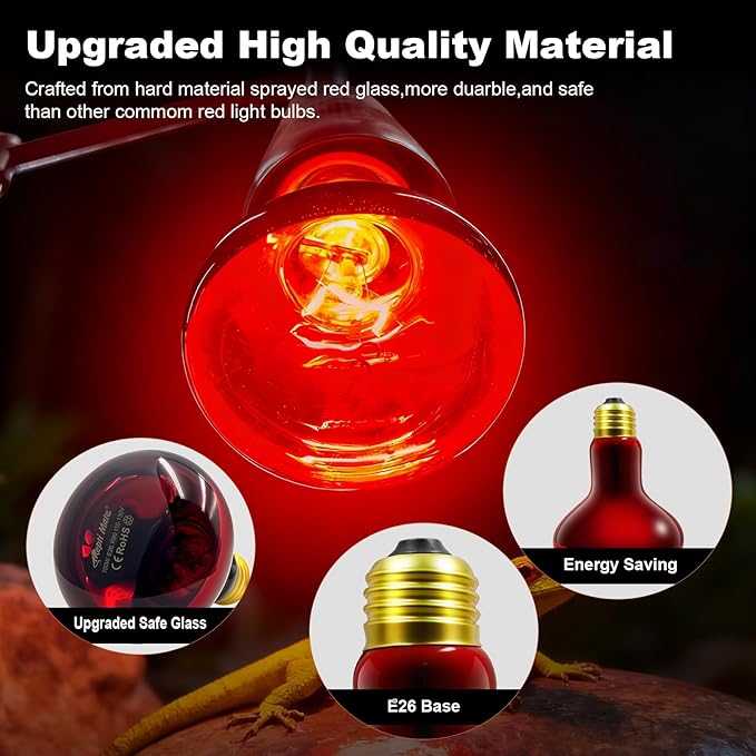 2 Pack Infrared Heat Lamp, 100W Reptile Heat Emitter Infrared Basking Spot Light, Red Heat Lamp for Chickens Coop Reptile Pets Brooder Use