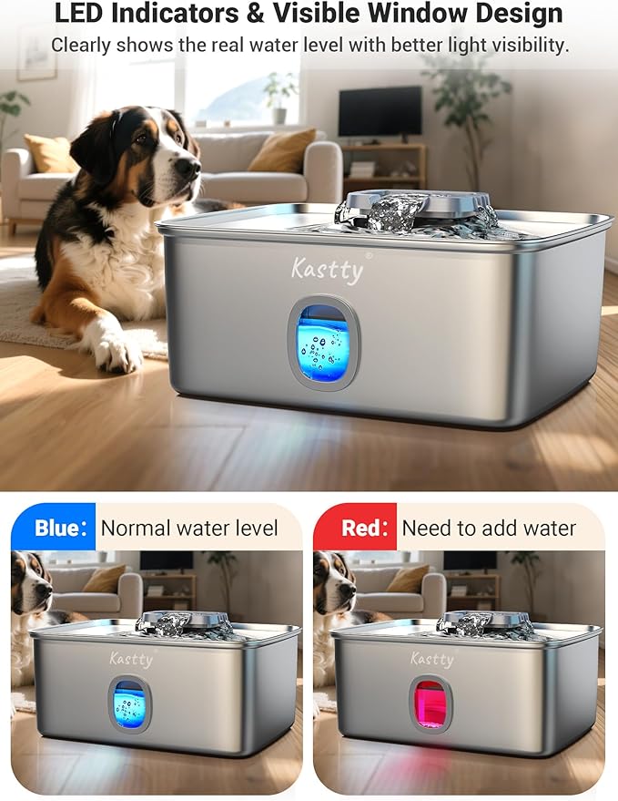 Kastty 15L/3.96 Gal Stainless Steel Dog Water Bowl Dispenser, Large Capacity Dog Water Fountain Quiet LED Light Triple Filtration BPA-Free, Automatic Pet Water Fountain Easy Cleaning for Pet FS76