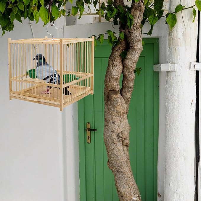Kisangel 1set Bamboo Bird Cage Small Parrot Cage with Hanging Hook Tray for Retro Travel Budgie Lovebird Cockatiel Parrot,8.06 x 8.06 x 8.06 inches