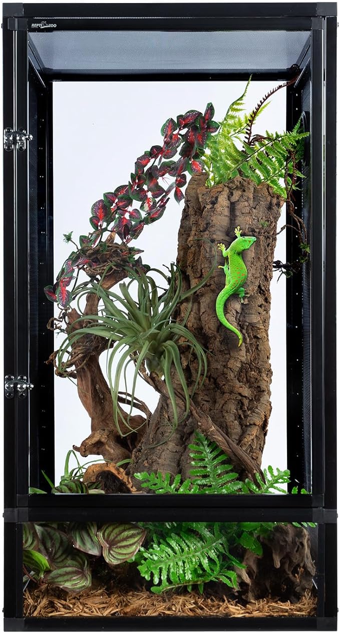 REPTI ZOO 16" x 16" x 30" Front Opening Chameleon Cage with 3-Sided Metal Mesh, 34 Gallon Screen Vertical Terrarium with Background Sticker, Tall Enclosure for Chameleon, Tree Frog, Arboreal Reptiles