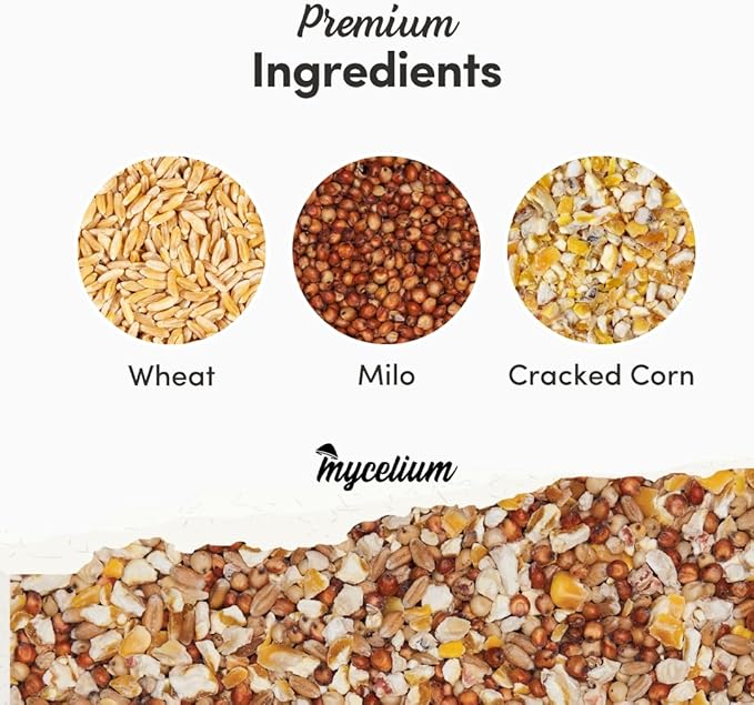 Mycelium Poultry Feed (5 LB Bag) | Organic 3-Grain Scratch for Chickens, Hens, Ducks & Backyard Flocks | High-Energy Daily Nutrition | Cracked Corn, Wheat & Milo | Non-GMO, Made in USA