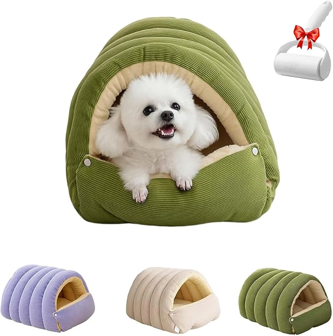 Removable and Washable Winter Closed-Off Cat Bed, Cat Winter Cave, Cute Cat Beds for Indoor Cats, Disassembled Design for Easier Cleaning, with Hair Remover (Green, 22.4 * 14.6 * 11.0 in)