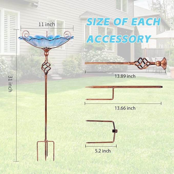 Bird Baths for Outdoors, Glass Birdbaths Outdoor Garden Birdfeeder with Metal Stake Blue (Height:31inch)
