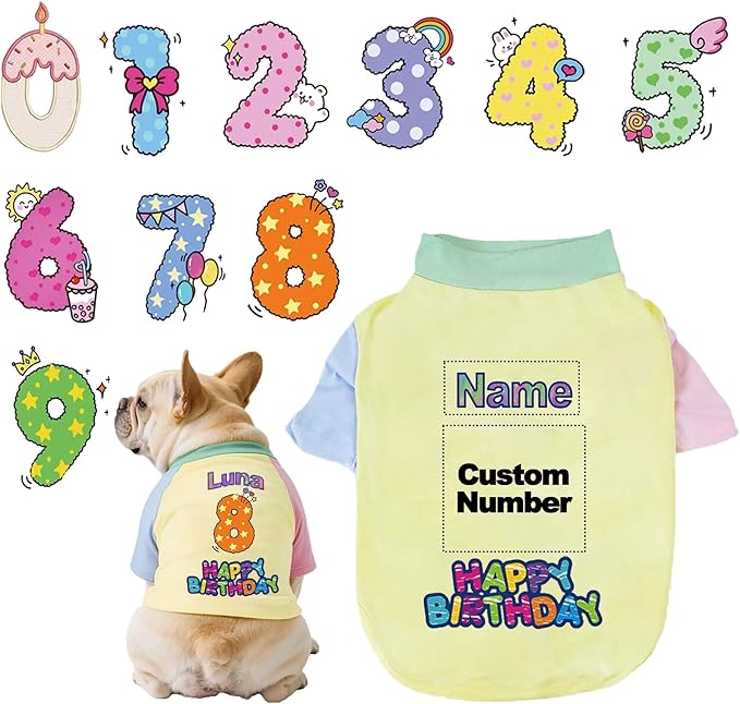Custom Dog Birthday Shirt,Personalized Pet Apparel Print with Name Age Number,Pet Birthday Outfit,Lightweight Breathable Cotton Vest for Small Medium Large Dogs Cat (Dopamine Yellow, Large)