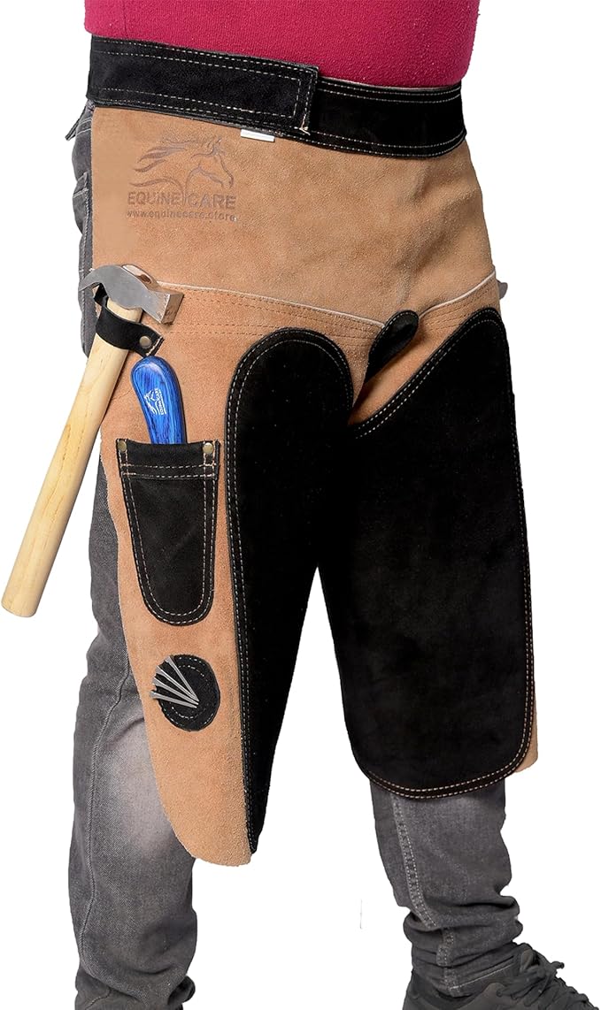 Equine Care Professional Farrier Apron - Premium Leather Farrier Chaps with EVA Foam Padding, Adjustable Ergonomic Fit, 2 Hoof Knife Pockets & 2 Nail Magnets, for Hoof Trimming & Horseshoeing Tasks.