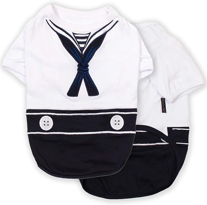 Parisian Pet Sailor Dog Costume - Embroidered Sleeved Dog Shirt - 100% Cotton & Polyester - Blue & White - XL