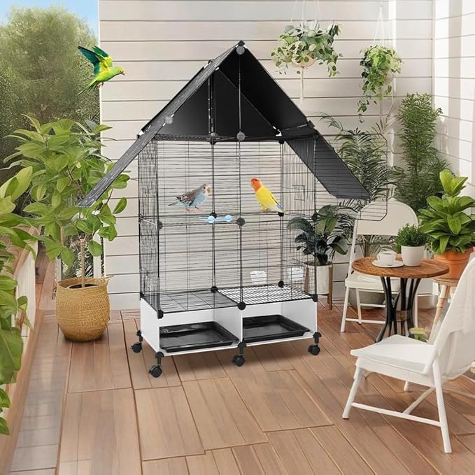 House Shape Bird Cage with Rolling Stand - Large 2 Tier Iron Bird Cage with Lock, Spacious Flight Habitat for Parakeets & Cockatiels, Easy Mobility Safe Home for Small Birds